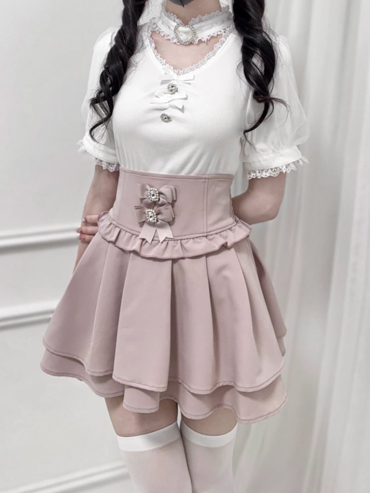 Pink Corset Waist Double-Layered Skirt with Detachable Bowknots Dusty Kei Jirai