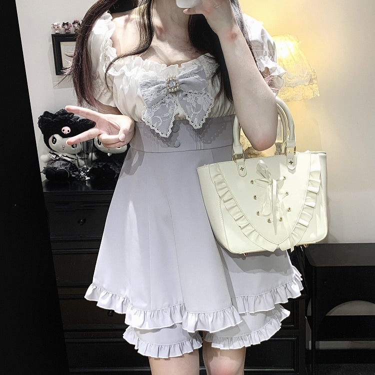 Off-the-shoulder Neckline Mini Dress and Shorts Set Jirai Kei Black/Pink/Blue