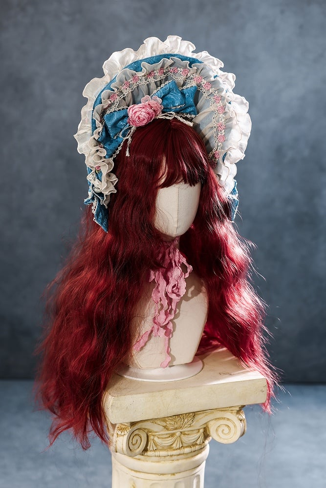 Blue Hanayome Rosette Embroidery Floral and Bead Chain Details Lolita OP Full Set