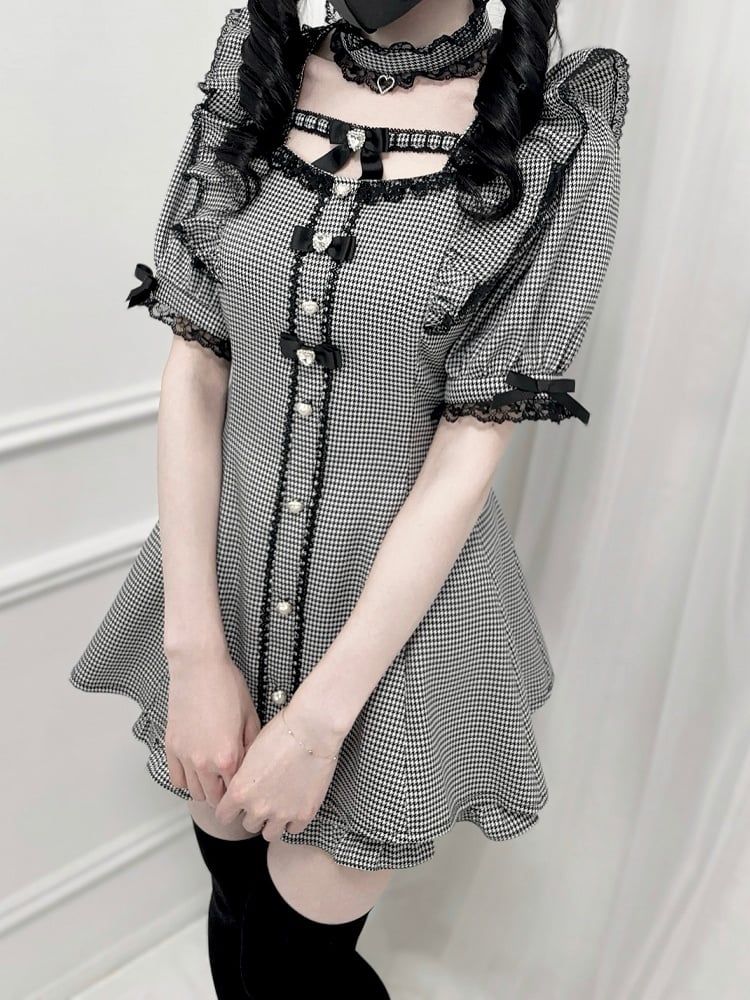 Set - Flutter Sleeves Self-tie Bow Back Mini Dress + Shorts Houndstooth Jirai Kei + Choker