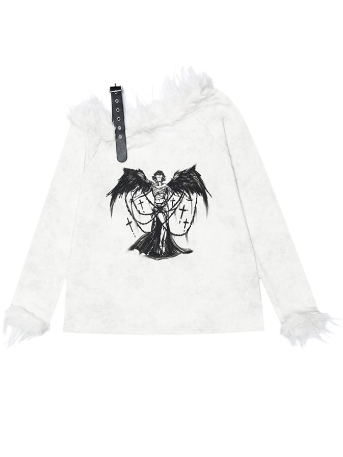 Haut asymétrique à manches longues et bordure en peluche style ange blanc lait punk