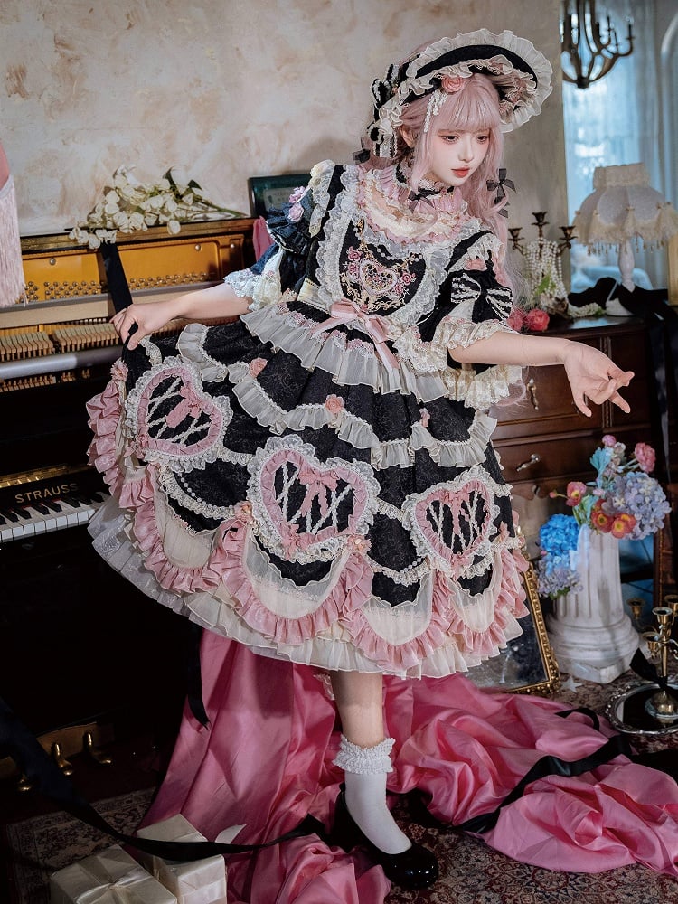 Black Hanayome Rosette Embroidery Floral and Bead Chain Lolita OP Full Set