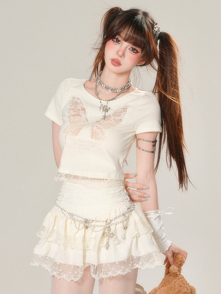 Lace T-shirt Butterfly Beige/Black Glamorous Bittersweet