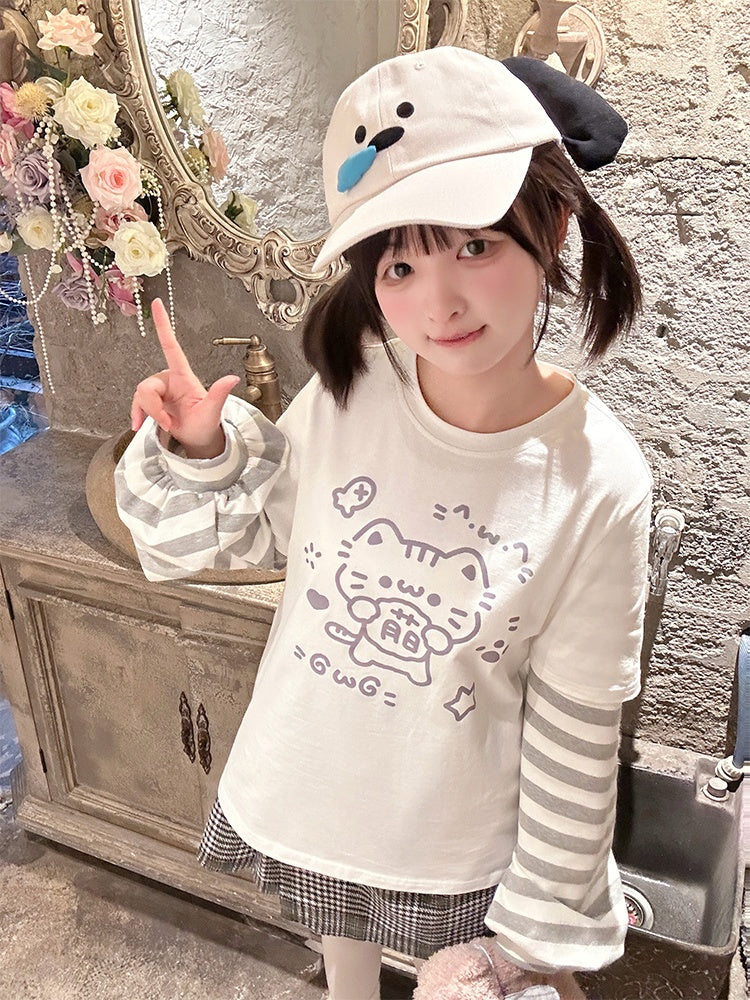 White Kitty Print Striped Long Sleeves T-shirt