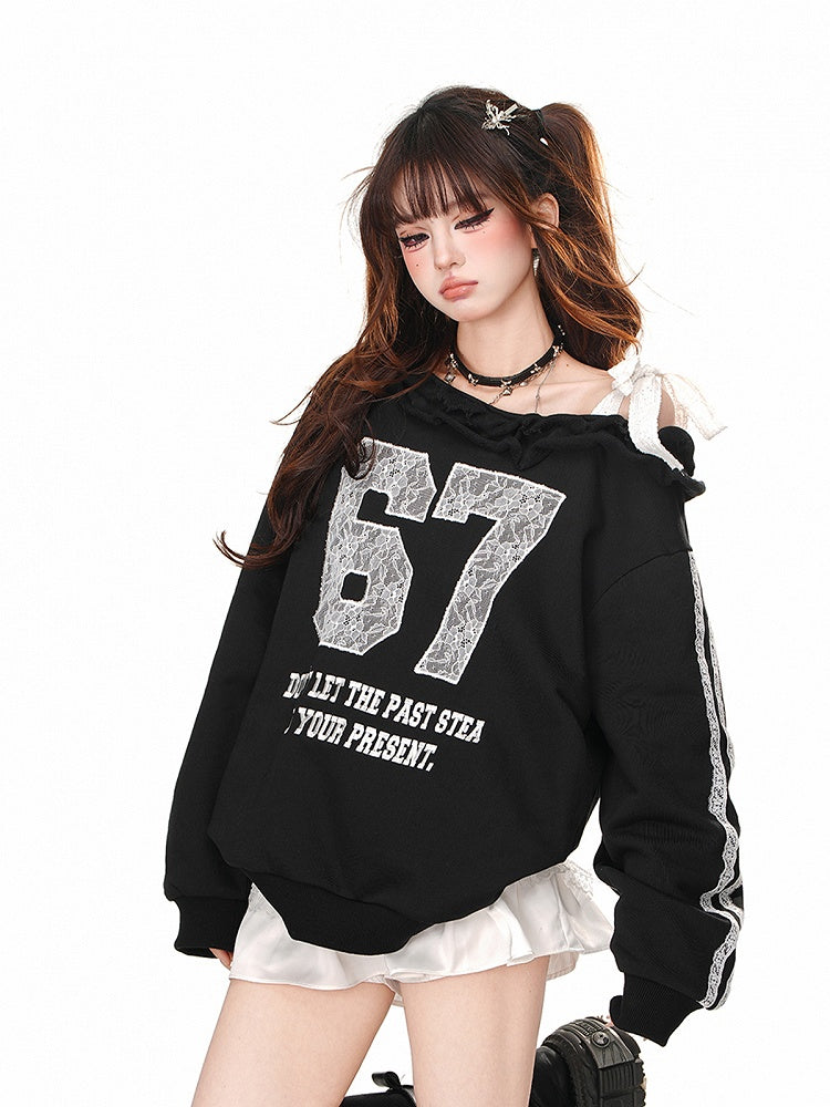 Black One-Shoulder Sweatshirt with Lace Applique and Embroidered Details