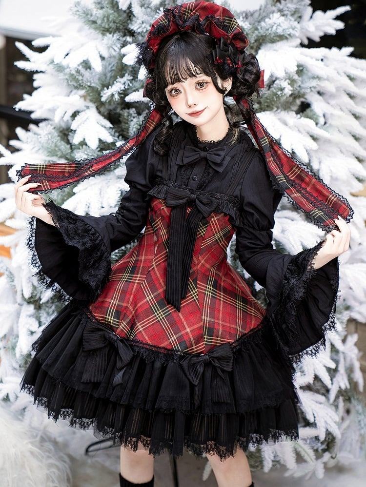 Rot karierter, mit schwarzen Schleifen verzierter, doppellagiger Gothic-Lolita-Pulloverrock mit Saum