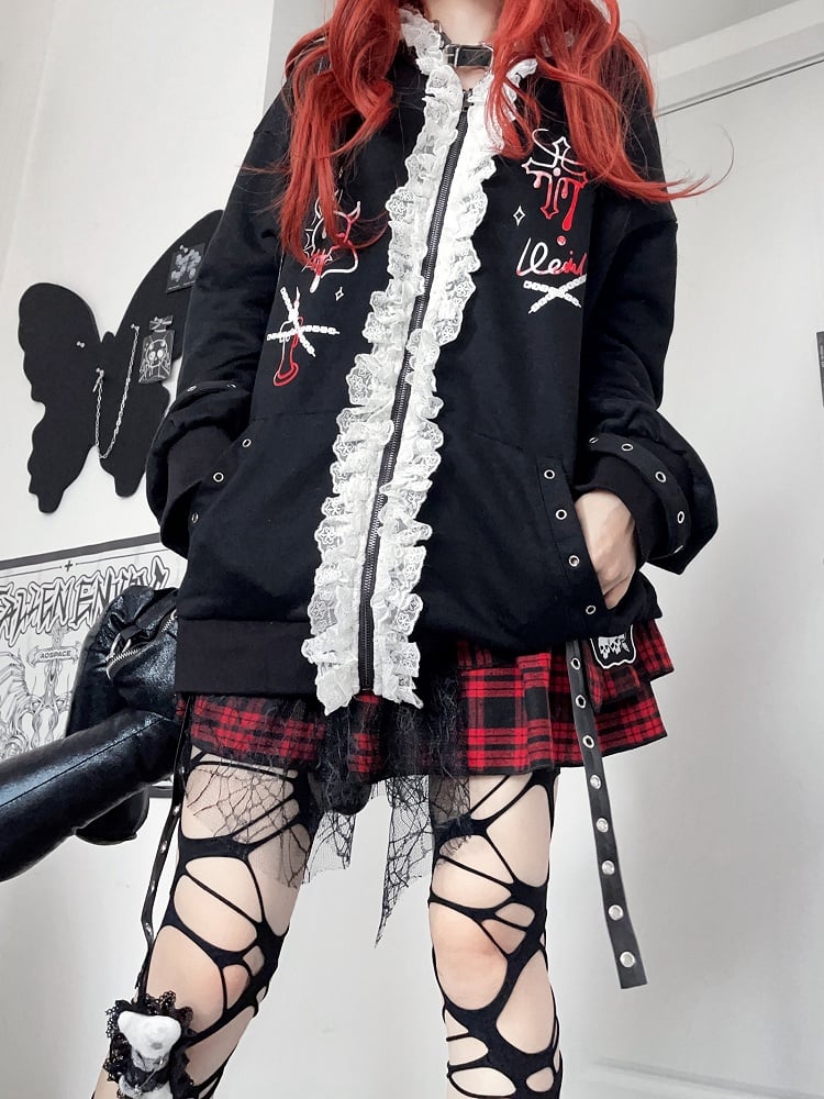 Y2K Kapuzenpullover mit schwarzem Katzenohren-Design und Spitzenbesatz