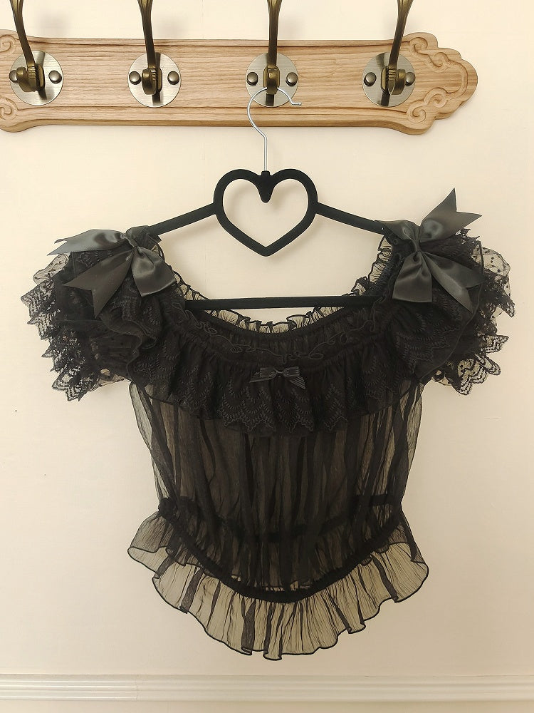 Black Elastic Off-the-shoulder Neckline Short Sleeves Sheer Blouse