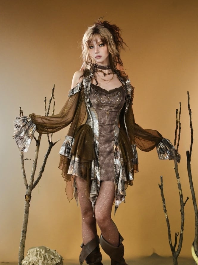 Asymmetrical Snakeskin Hem Pattern Punk Wasteland Brown Contrast Lace Patches Top Cami