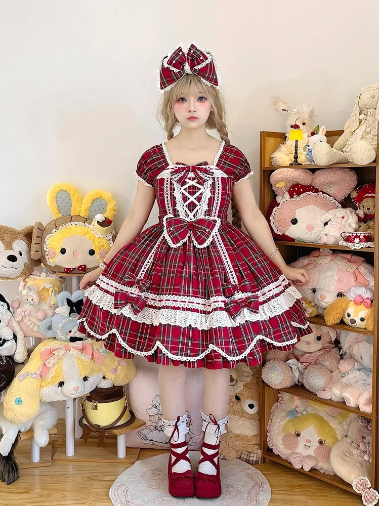 mit Lolita-Scalloped und Puff Trim Schleife Akzente süße Plaid Rand Ärmel rot
