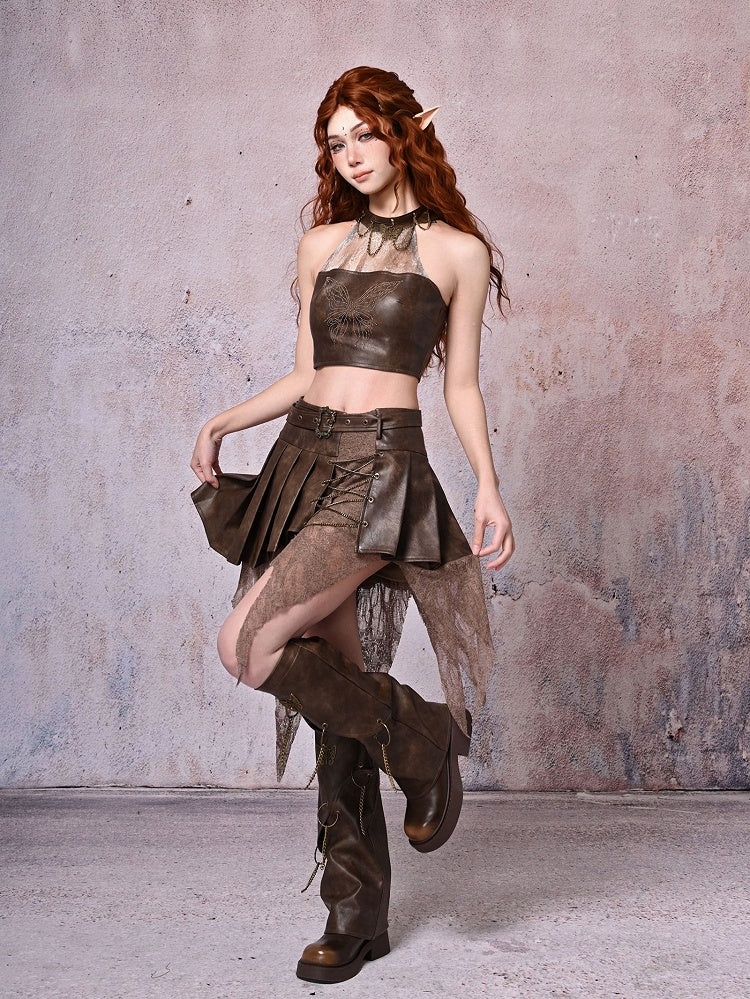 Skirt Punk Dark Pleated Wasteland Handkerchief Chains Brown Decorated