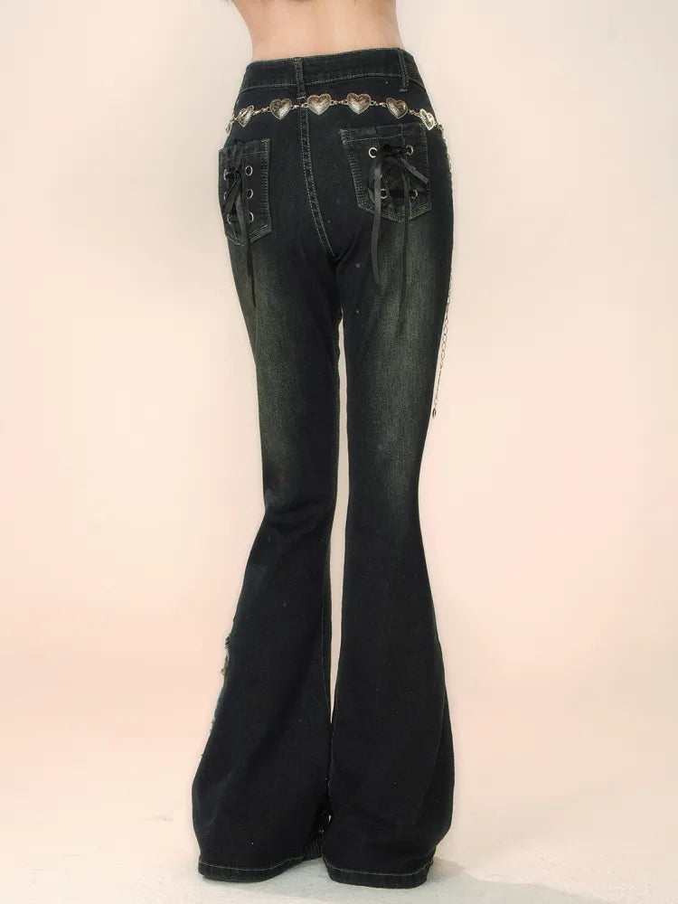 Lace-up Jeans at Bowknots Black Back Flared Details