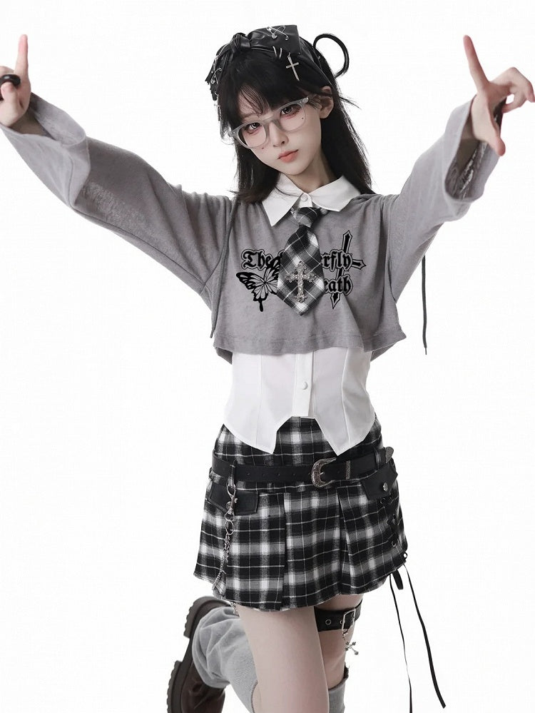Y2K Lace-up Black Detail Plaid Skort with Buckle Belt and Chain White/ Khaki