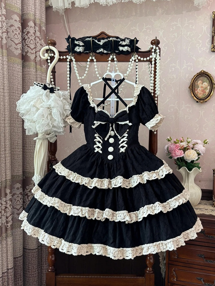 and Lolita Waist One Lace Piece Basque School Dress Beige Old Black Trim