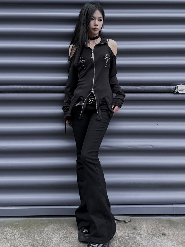 Punk-schwarze Slim-Fit-Hose mit Fischschwanz und hoher Taille mit Gürtel mit Skeletthand-Schnalle