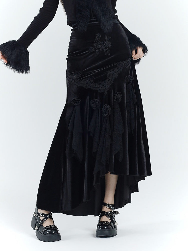 Gothic Black Velvet Rosette Lace Trim High-low Mermaid Skirt