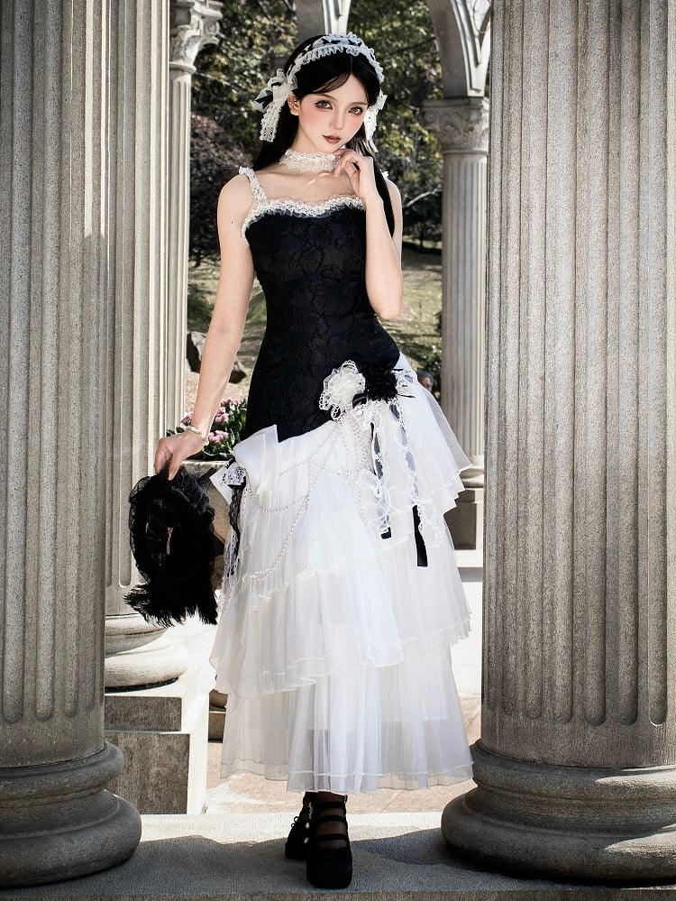 Classic Layered Tulle Lolita Fit Jacquard Bodice Hem Slim Dress Black White Floral