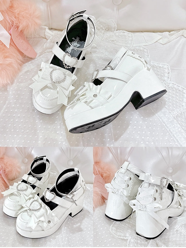 Decorated Platform Lace-up Heels Jirai Heart Polished White Details High Rhinestone Block Kei