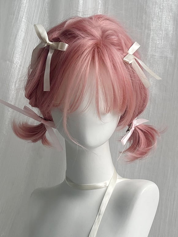 Pink Short Wavy Synthetic Wig With Bangs