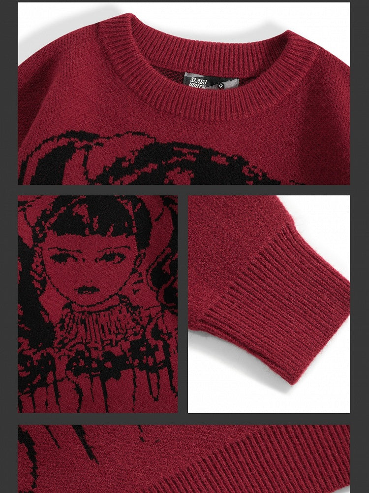 Wine Red/Black Y2K Girl Pattern Sweater with Free Choker