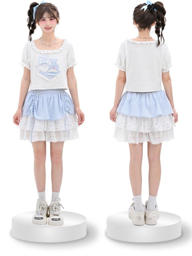 Bear Pattern Square Neck Puff Sleeves White T-Shirt Lace Trim Ruffled Plaid