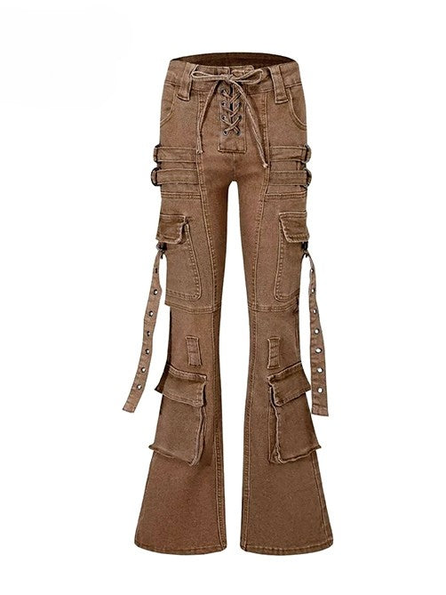 Wasteland Silhouette Flare Lace-up Jeans Punk Detail Brown Coffee