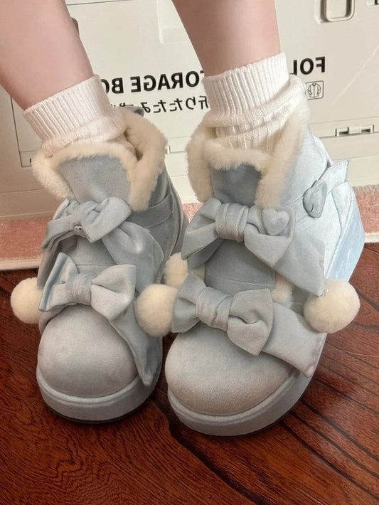 Süße Winter-Lolita mit Details Plateaufutter Herz Fleece Blau Schnalle Stiefel Bowknot