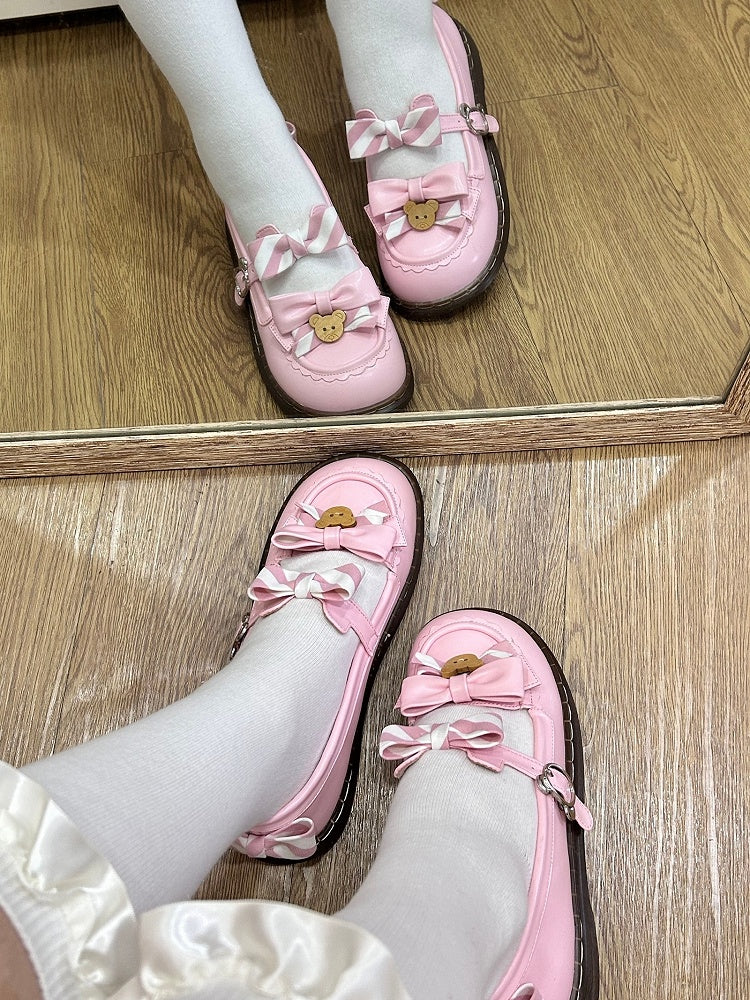 - 2cm Sweet with Uniform Striped Flats Pink Bow PU Lolita Sole