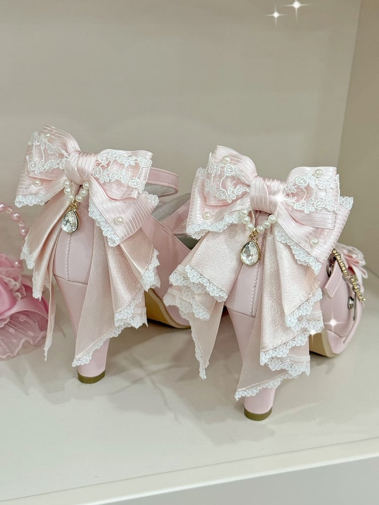Heart Heels Bow Pink Crisscross High Buckle at Top Design