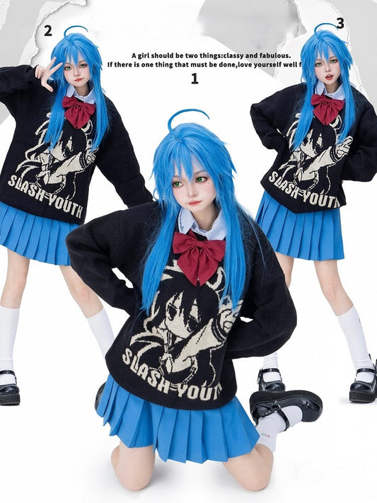 Cartoon Girl Knitted Print And Letter Sweater Black