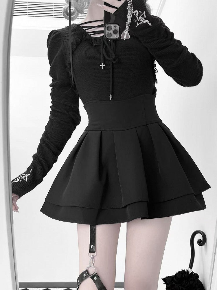 Lace-up Gothic Eye and Cross Embroidery Black Snake Knit Top with Straps Neckline