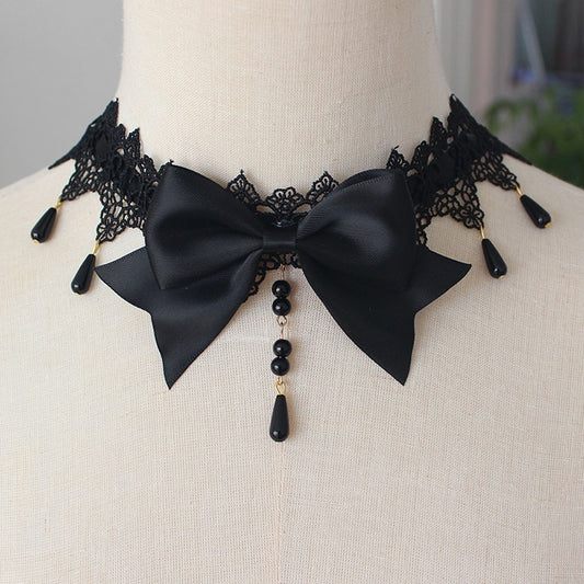 Beaded Pendant Bowknot Details Lace Choker