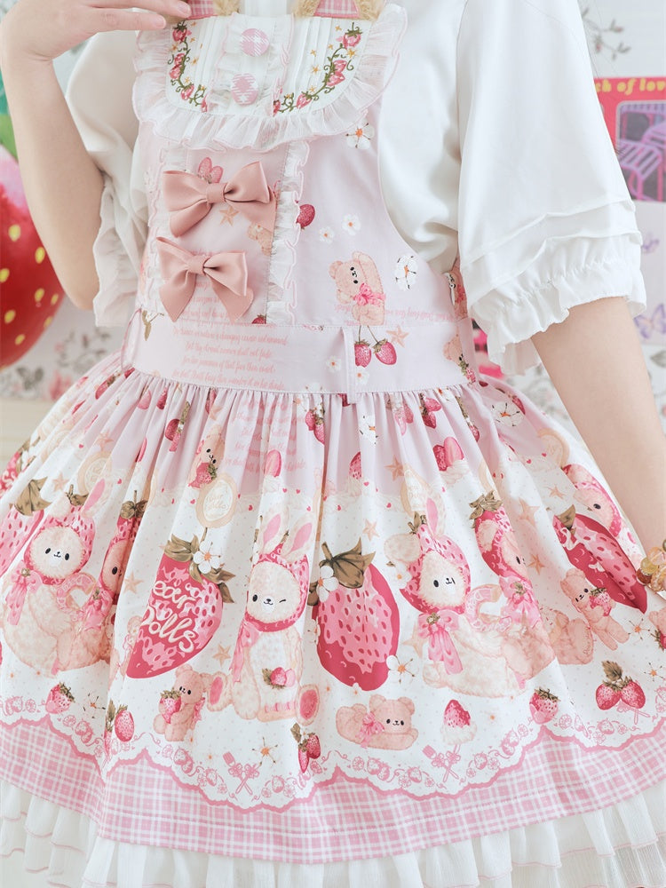 Pink Strawberry Bear Sweet Lolita Dress Cottagecore Country Jumper Skirt