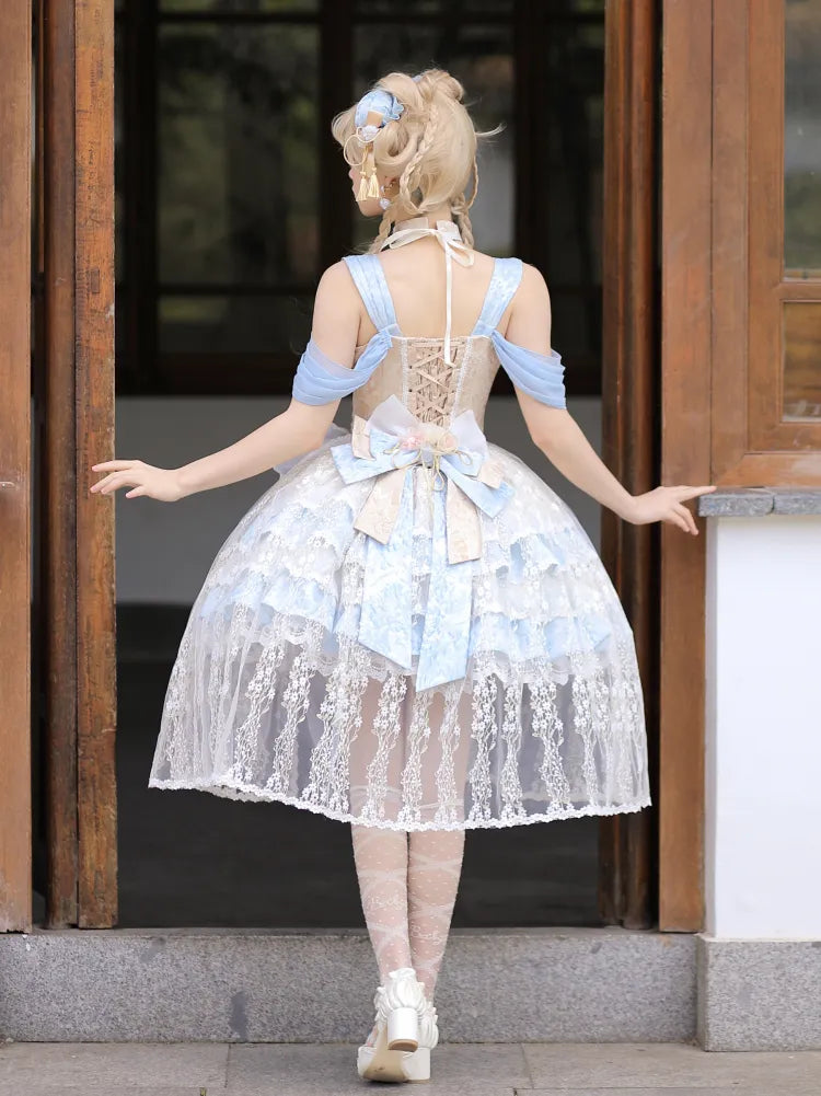 Baskenblaues, abnehmbares Lolita-Hals-Qi-Neckholder-Kleid mit gestuftem Rock und Taille