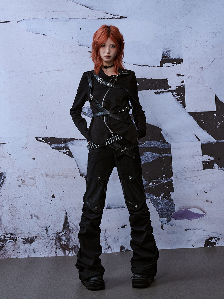 Patches Gürtel Schwarze Punk-Jeans mit PU-Kniebesatz