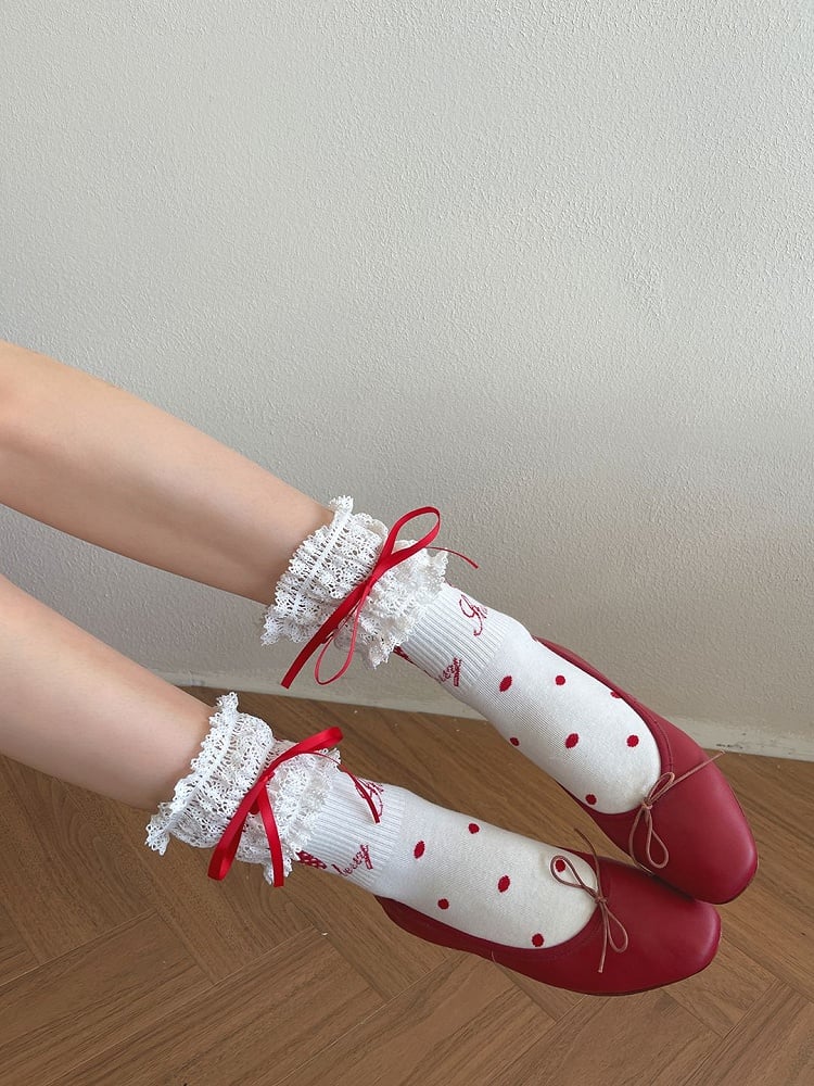Strawberry Details Lace Socks Sweet White/Black Trim Bowknot Calf