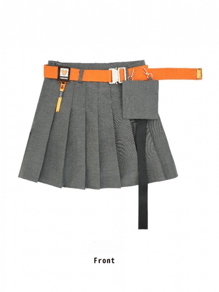 Sleeve Top Skirt Black Short Set: Belt + Full