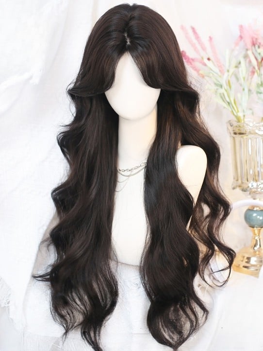 Black Wig Length 65-70CM Bangs With Waist Wavy Curtain Tea