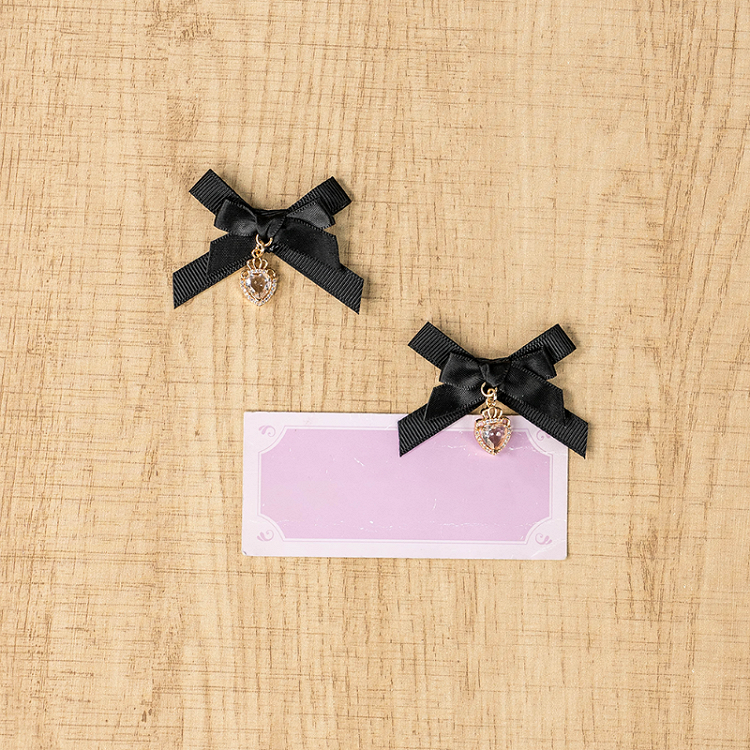 Jirai Kei Dusty Pink/Apricot/Black Heart Charm Hairclips Bowknot