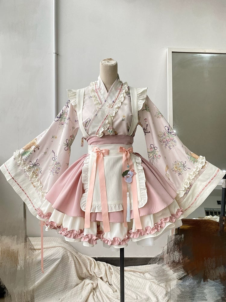 Han Pink Blossom Crossover Skirt Top Outfit Neckline Sakura Cherry Festival + Herbal Medicine Lolita Set