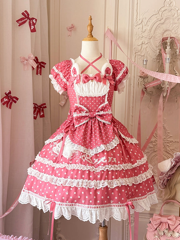 Ears Square Pattern Dress Bunny Polka Dots Lolita Neckline Pink Plush Sweet Dark