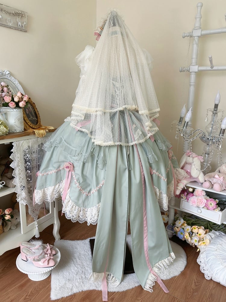 Grünes Baskenhemd mit floralen Schleifen und Hanayome-Lolita-OP / Komplettset