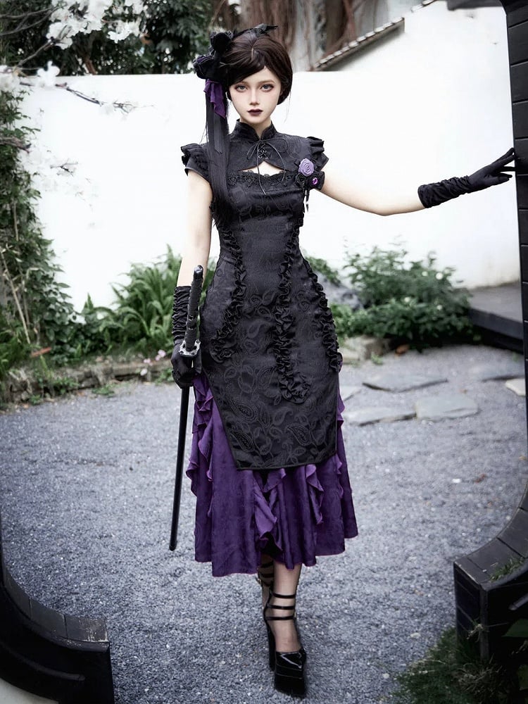 Cascading Black Vibes Qipao Trim Jacquard Purple Lolita Dress Qi Hem Cthulhu Ruffle