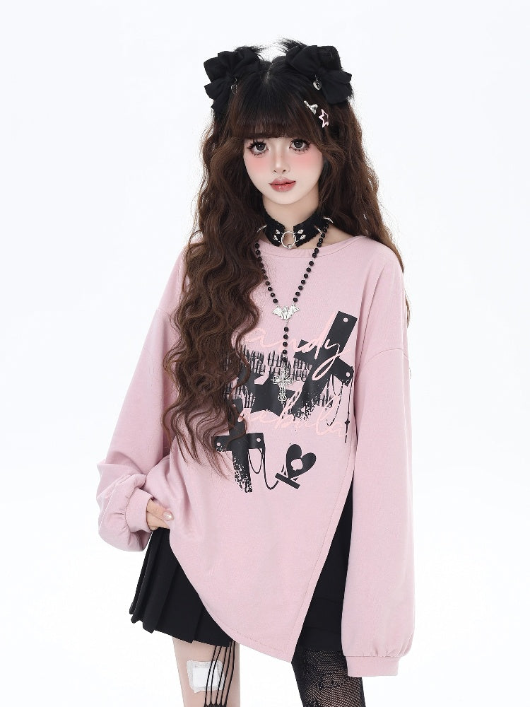 Pink/Black Cross Side-Slit Sweatshirt with Big Bow at Back