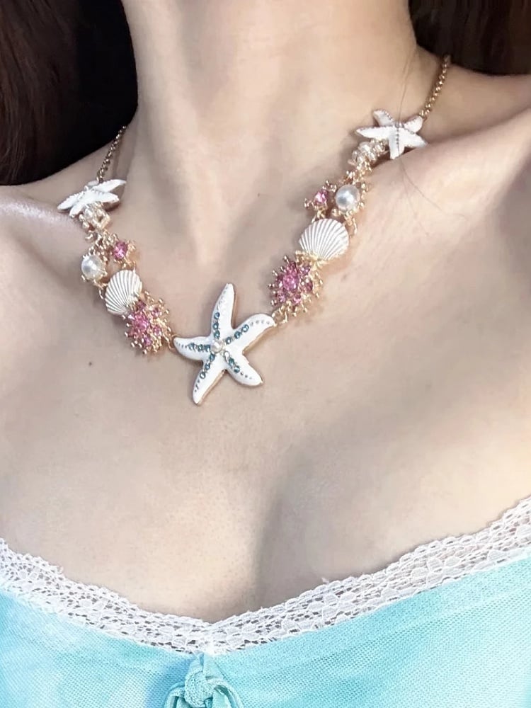 4 Shell Y2K Starfish Bracelet/Necklace Bittersweet Options Rhinestone Decorated And