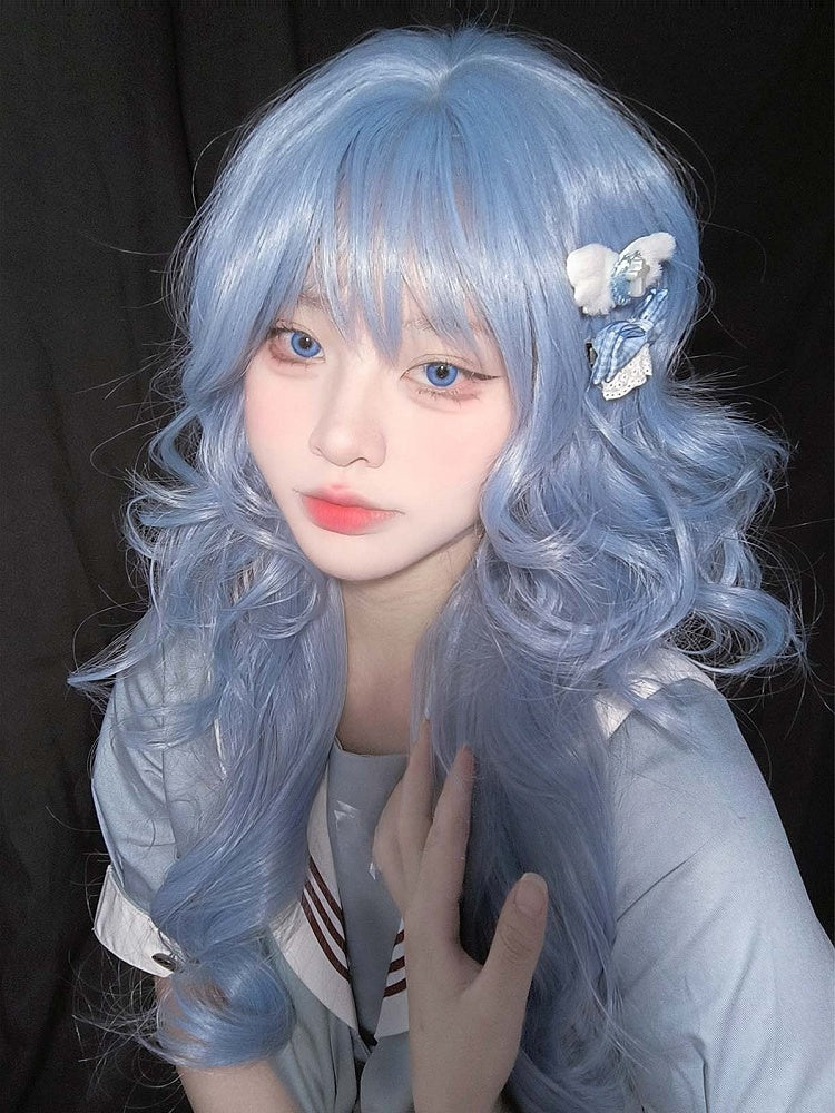 With Air Wig 70CM Length Bangs Wavy Blue