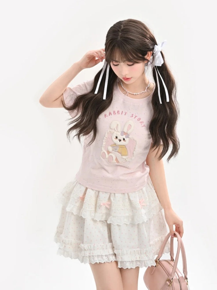 Pink Yume Adorable T-Shirt Bunny Applique Round Neck Kawaii
