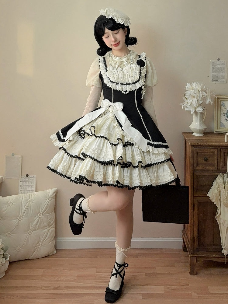 Jumper Beige Lolita Black Fit and Skirt Elegant Tiered Slim Waist