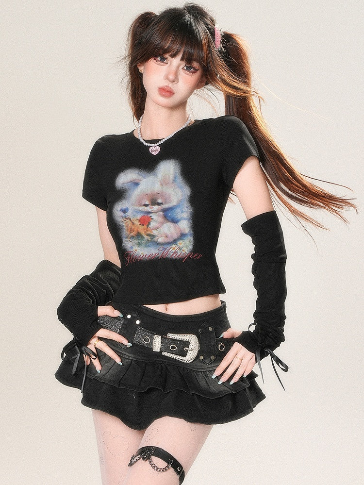 White/Black/Blue Glamorous And Print Sleeves Bunny With T-shirt Letter