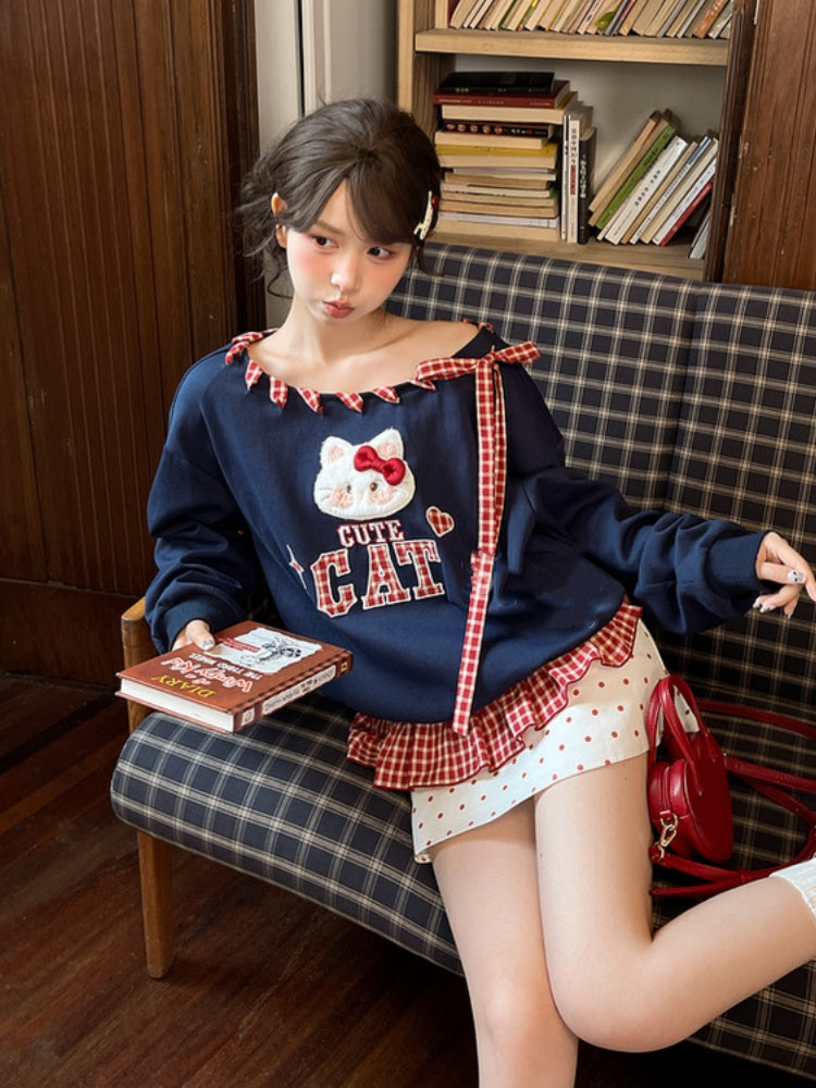 Red Asymmetrical Neckline Kitty Embroidery Applique Navy Plaid Self-tie Sweatshirt Straps at Blue